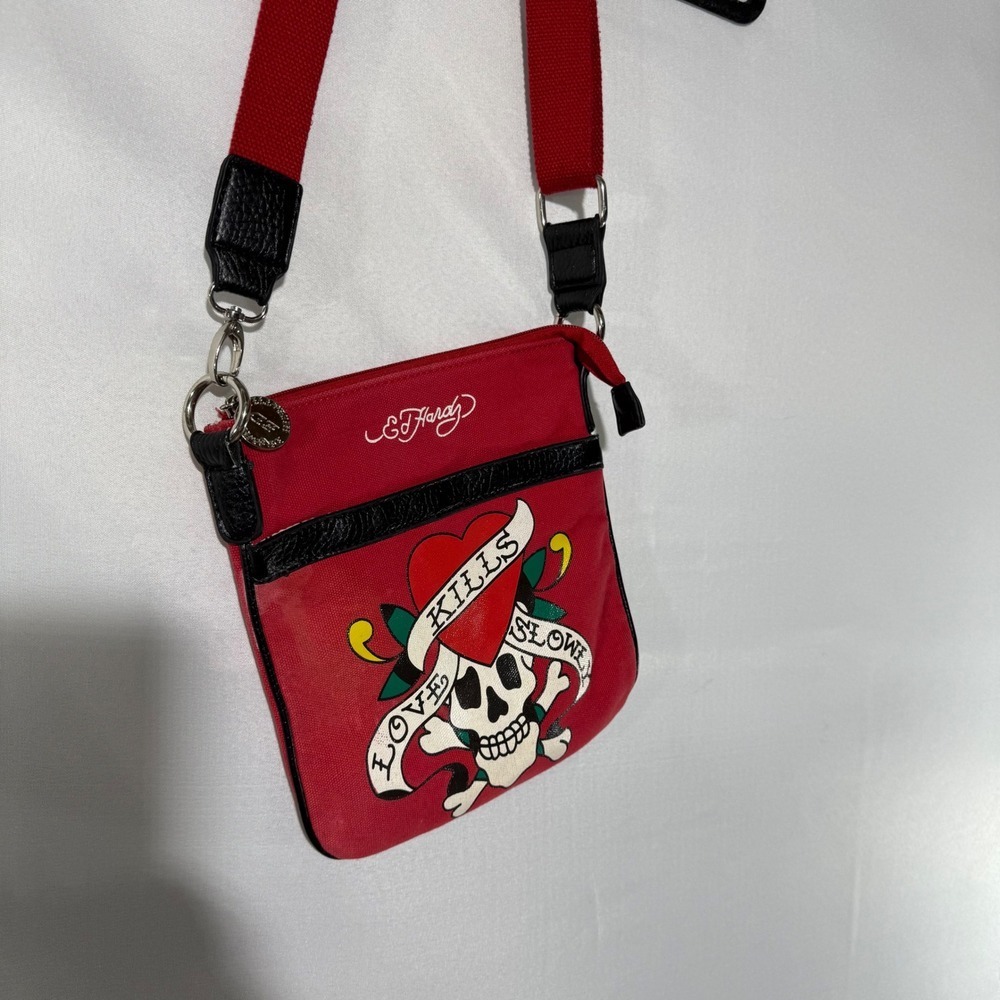 Ed Hardy Red Crossbody Bag with Skull Design - Picture 4 of 12